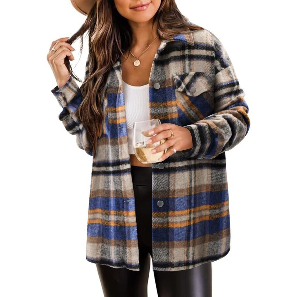 Women Royal Collared V Neck Button Down Oversized Long Sleeve Shirt Top